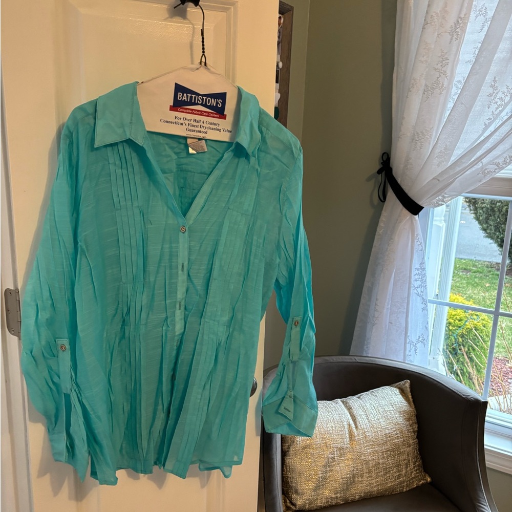 Chico's Turquoise Pleated Button-Front Blouse